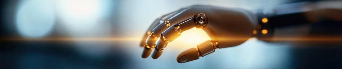 Poster - AI-Powered Precision Medicine Futuristic Robotic Prosthetic Hand in Soft Golden Light - Next-Generation Healthcare Technology Innovation