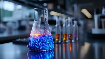 Poster - Laboratory glassware with glowing blue liquid and pink luminescence in dark scientific lab setting, test tubes with orange solutions in background.
