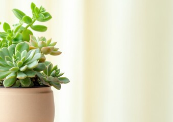 Poster - Minimalist Succulent Sanctuary Serene Biophilic Design for Modern Wellness Spaces, Soft Neutral Ceramic Planter with Lush Green Botanical Tranquility