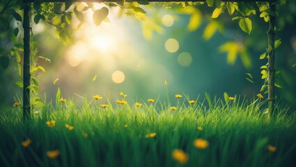 Poster - Summer backdrop featuring a frame of grass and foliage in nature. Juicy