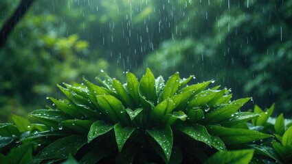 Poster - summer heavy rain in the forest. water droplets falling from green leaves. a beautiful and calming b