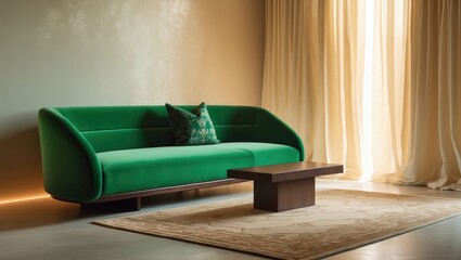 Poster - Chic living room featuring a plush carpet and sofa. Interior design.