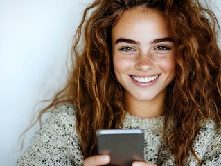 Poster - young woman with curly brown hair and bright smile looking at smartphone screen while wearing cozy k