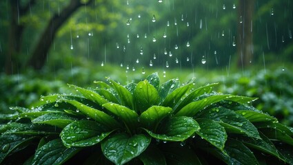 Poster - summer intense rainfall in the forest. water droplets falling from lush green leaves. serene and bea