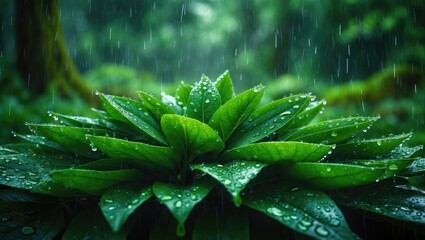 Poster - heavy summer rain in the forest. water drops falling from green leaves. beautiful soothing backdrop.