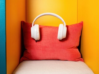 Leinwandbilder - Inclusive Comfort Tech Minimalist White Headphones on Vibrant Coral Cushion - Sensory-Friendly Design for Neurodivergent Wellness and Creative Focus