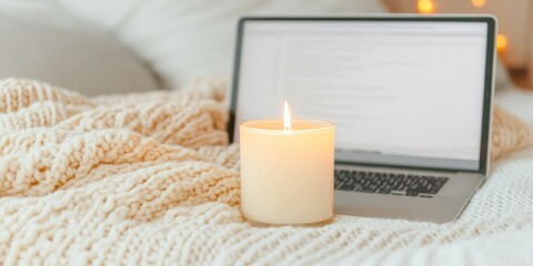 Poster - Hygge Home Office Sanctuary Minimalist Workspace Wellness with Soft Knit Textures and Ambient Candlelight - Productivity Meets Self-Care Aesthetic
