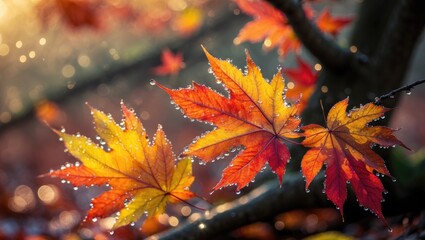 Poster - Stunning portrayal of autumn leaves sparkling with morning dew.