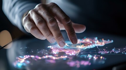 Poster - Futuristic touch interface with glowing neon particles responding to human hand gesture, showing interactive digital technology on dark background.