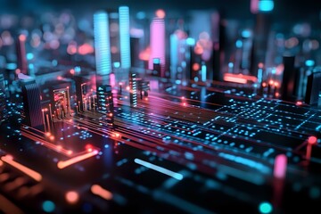 Poster - Glowing circuit board with neon blue and pink lights creating futuristic cyberpunk atmosphere, macro shot showing electronic components and pathways in dramatic lighting.