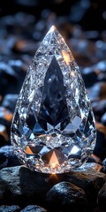 Poster - Sparkling teardrop crystal with intricate facets catching light and creating rainbow reflections, set against dark stones with warm glowing highlights.