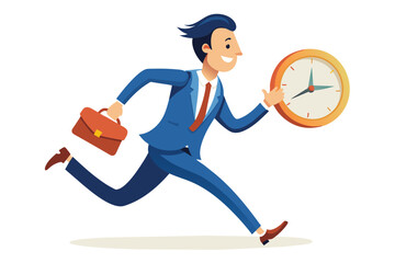 Poster - A smiling businessperson in a blue suit rushes with a briefcase in one hand and a clock in the other, embodying the hustle and urgency of modern work culture.