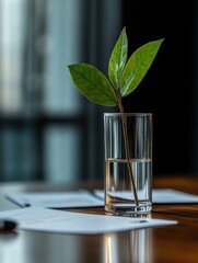 Aufkleber - Minimalist Green Growth Visualization Eco-Conscious Business Metaphor with Vibrant Plant Emerging from Crystal-Clear Water in Corporate Setting