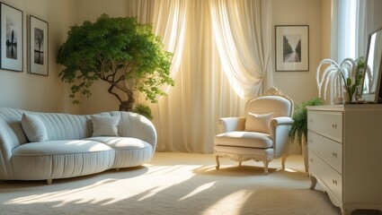 Poster - Stylish furniture and sophisticated curtains in the living room. Interior decoration.