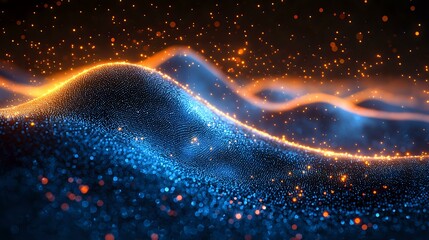 Poster - Abstract glowing waves with orange and blue light particles floating in dark space, magical sparkles and luminous energy streams creating dynamic motion effect.