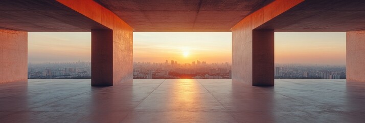 Poster - Brutalist Urban Horizon Minimalist Concrete Sanctuary Revealing Sunset Cityscape - Transformative Workspace Design Exploring Architectural Transparency and Emotional Perspective