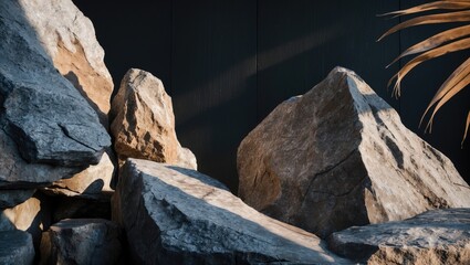 Poster - studio background, unoccupied display room featuring rock podium stage stand with illumination, palm