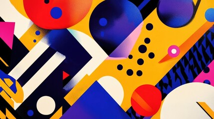 Poster - Colorful geometric shapes and patterns blend together on a yellow background, creating an eye-catching and lively abstract design