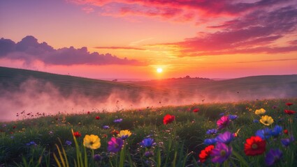 Poster - Peaceful Sunset Scene with a Vibrant Flower Field