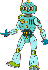 Aufkleber - Cartoon groovy robot and droid character, futuristic and friendly metallic robotic humanoid machine features glowing buttons and communication antenna, embodying technology, innovation and sci fi vibe