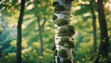 Poster - tree trunk with mushrooms growing on it in the forest from a lateral angle