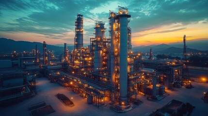 Poster - A large industrial facility features tall processing towers and extensive piping. The site is illuminated with warm lights as dusk settles, highlighting the mining and extraction activities nearby.