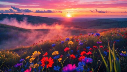 Poster - Tranquil Sunset Scene with a Vibrant Flower Field