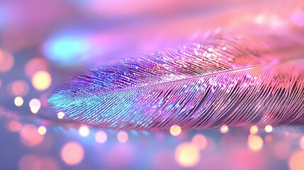 Poster - Delicate feather macro with pink and blue bokeh lights creating dreamy atmosphere. Soft focus close-up shows intricate barbs and ethereal glow for romantic designs.