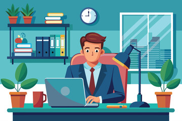 Poster - a professional man in a suit focuses on his laptop while seated at a desk with plants and office sup