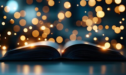 Poster - Open book with glowing pages against dark background with magical golden bokeh lights creating dreamy atmosphere for education and reading concepts.