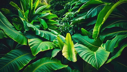 Poster - tropical banana leaf pattern, extensive palm foliage nature backdrop