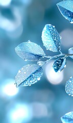 Poster - Delicate blue leaves covered in morning dew drops create ethereal natural macro photography with soft bokeh background and crystalline water droplets.