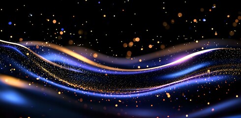 Aufkleber - abstract cosmic waves with glowing blue and orange light streaks against dark background, sparkling 