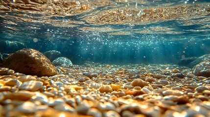 Poster - Underwater view of smooth pebbles on seabed with sunlight streaming through crystal clear water creating natural bubbles and ripples. Tranquil marine scene.