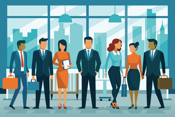Poster - A group of six professionals stands in a bright office with city skyline views, engaged in conversation and sharing ideas while dressed in business attire.