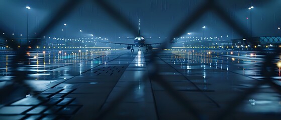 Poster - Moody urban nightscape through metal fence with rain reflections on wet asphalt, city lights creating atmospheric blue glow in foggy weather. Panoramic view.