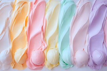 Poster - Colorful pastel meringue swirls in soft rainbow shades of orange, pink, yellow, mint and purple arranged in rows creating sweet textured background pattern.