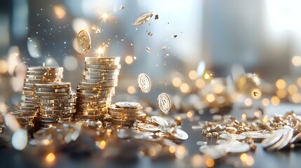 Poster - Golden coins falling and stacking with magical sparkles and bokeh lights creating wealth abundance concept on blurred background with copy space.
