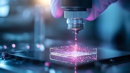Poster - Microscope laser beam scanning glass slide with pink glowing sample in modern laboratory research setting, creating luminescent effect in dark environment.
