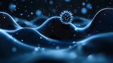 Poster - Microscopic virus cell floating in dark blue waves with glowing particles and bokeh effect, scientific medical research concept background.