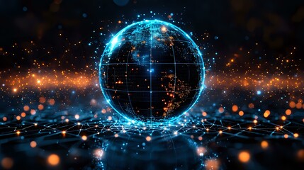 Poster - Glowing digital earth sphere with network connections and orange particles floating in dark space, futuristic global technology concept visualization.