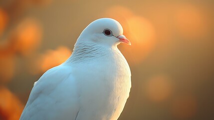 Poster - White dove in profile against blurred orange sunset bokeh background, symbol of peace and purity, soft feathers illuminated by warm evening light.