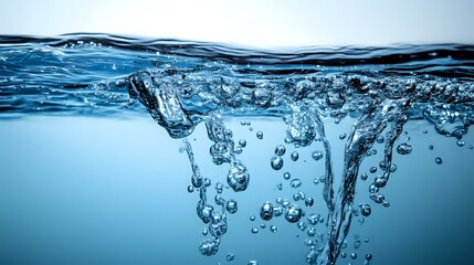 Poster - Dynamic underwater scene with air bubbles rising through clear blue water, split-level view showing surface ripples and submerged turbulent flow patterns.