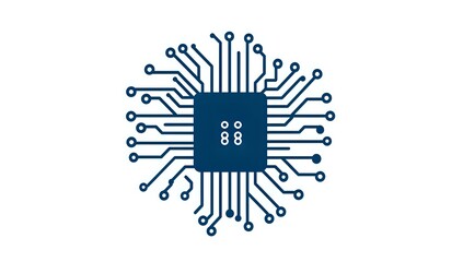 Poster - Minimalist microchip processor icon with circuit board pathways radiating in circular pattern, isolated on white background for technology and AI concepts.
