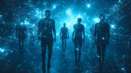 Poster - Silhouettes of people walking in mystical glowing blue space environment with stars and cosmic dust, spiritual journey concept for metaphysical designs.