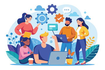 Poster - A group of diverse individuals gathers in a vibrant workspace, collaborating on technology tasks and troubleshooting various challenges together while engaged in discussion.