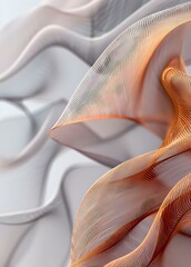 Poster - Abstract flowing fabric in white and orange creates elegant waves and folds with soft shadows and delicate mesh texture patterns for luxury backgrounds.