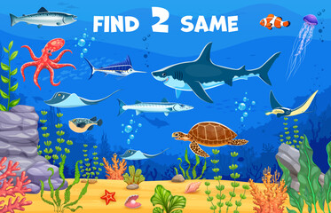 Aufkleber - Kids game worksheet, find two same underwater sea animals. Cartoon vector educational riddle for children activity with octopus, shark, turtle, clownfish and stingray, jellyfish, tuna and puffer fish