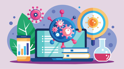 Poster - A colorful illustration depicts a laptop displaying data on viruses, complemented by a microscope, chemical flask, and stacked books in a modern research environment.