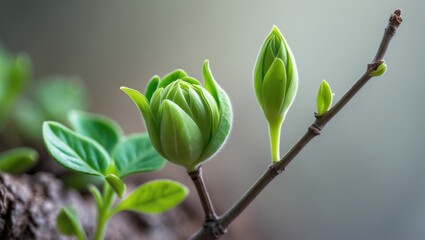 Poster - Detailed close-up of green plant bud on branch with blurred nature background in spring